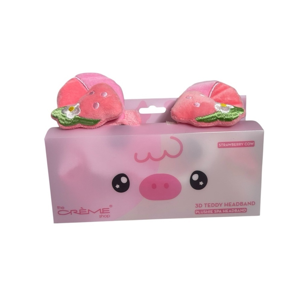 The Crème Shop 3D Teddy Headband Plushie Spa Headband Pink Strawberry Cow - Picture 2 of 5